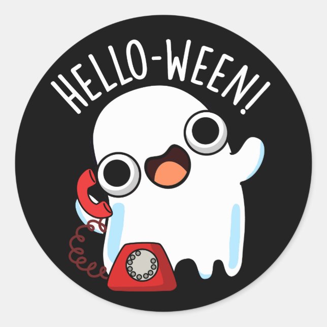 Hello-ween Funny Ghost Pun Dark BG Classic Round Sticker (Front)