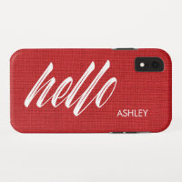 Hello White Script Name on Red Linen Texture Photo