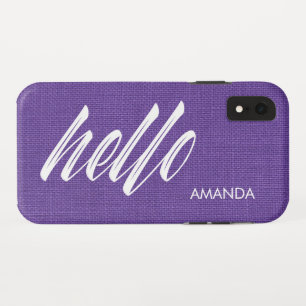 Hello White Script Name Purple Linen Texture Photo iPhone XR Case