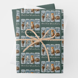 Hello Winter Animals Deer Owl Fox Bear Cosy Season Wrapping Paper Sheet