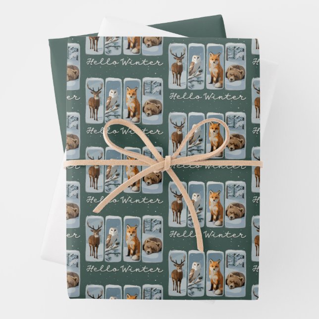Hello Winter Animals Deer Owl Fox Bear Cosy Season Wrapping Paper Sheet (In situ)