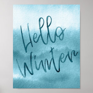 Hello Winter Blue Watercolor Seasonal Poster