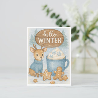Hello Winter.Cosy Reindeer, Hot Cocoa, Gingerbread Postcard