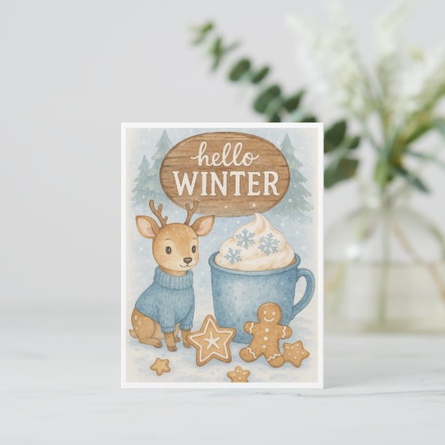 Hello Winter.Cosy Reindeer, Hot Cocoa, Gingerbread Postcard (Standing Front)