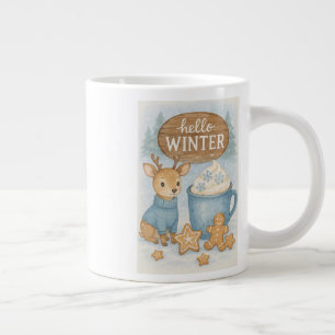 Hello Winter.Cozy Reindeer, Hot Cocoa, Gingerbread Large Coffee Mug