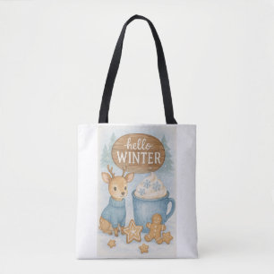 Hello Winter.Cozy Reindeer, Hot Cocoa, Gingerbread Tote Bag