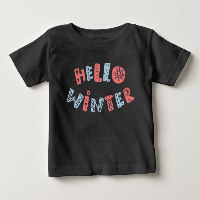 Hello Winter | Cute Baby Boys Christmas Holiday Baby T-Shirt (Front)