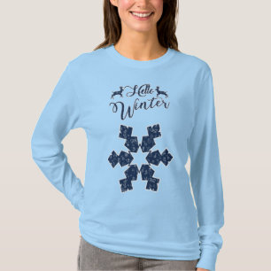 Hello Winter Holiday Blue Snowflake Pattern T-Shirt