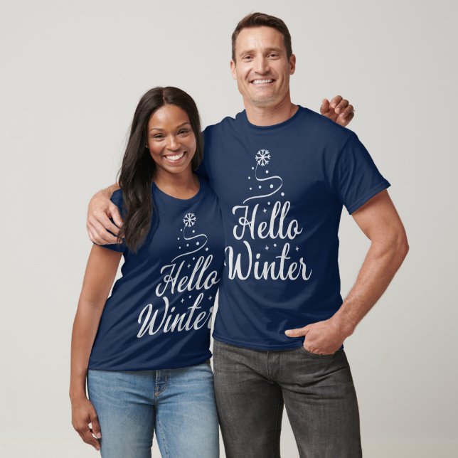 Hello Winter Minimalist Snowflake Tree Script T-Shirt (Unisex)