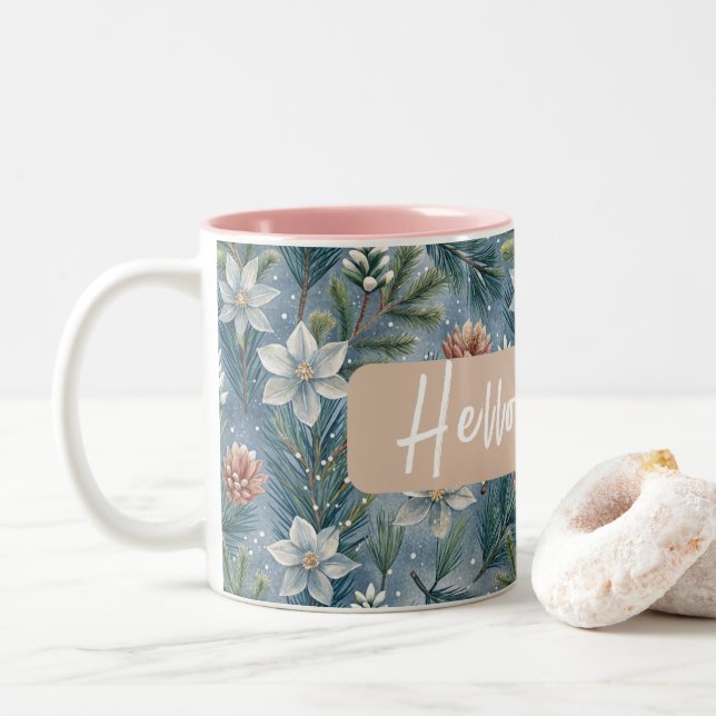 Hello Winter Pines & Flowers Two-Tone Coffee Mug (With Donut)