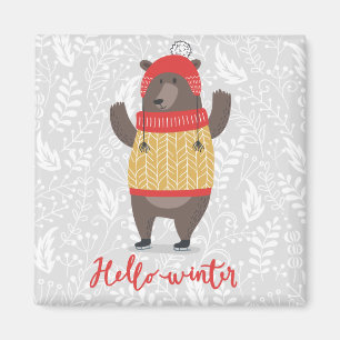 Hello Winter Season Greeting Illustration Bear Art Magnet