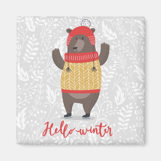 Hello Winter Season Greeting Illustration Bear Art Magnet (Front)