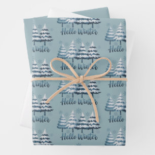 Hello Winter Season Vibes Trees Snowflakes Xmas Wrapping Paper Sheet