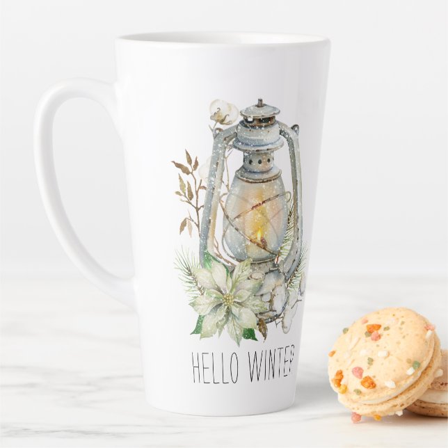 Hello Winter Watercolor Glowing Lantern Snow Latte Mug (In Situ)
