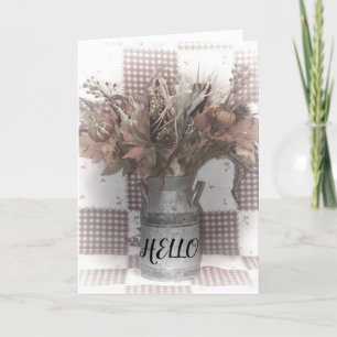 Hello with leaves in old Milk Jug Card