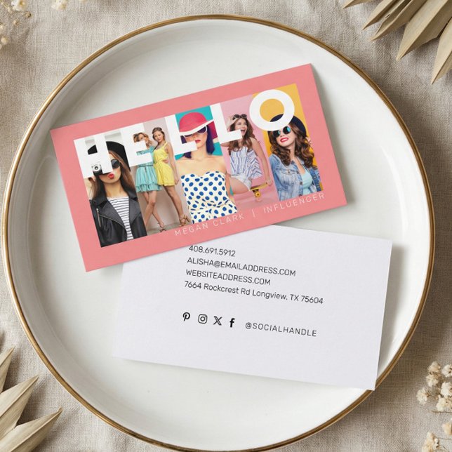 Hello With Modern & Minimal 5 photo Layout Pink Business Card (Fun Modern Minimal Social Media Influencer Photo Business Card)