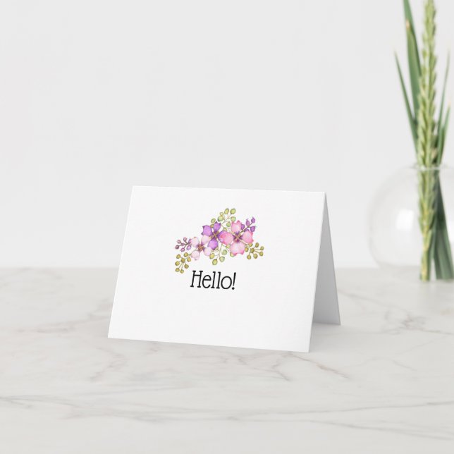 Hello With Purple Flowers Thank You Card (Front)