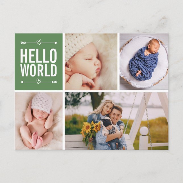 Hello World and Birth Announcement Photo Collage Postcard (Front)
