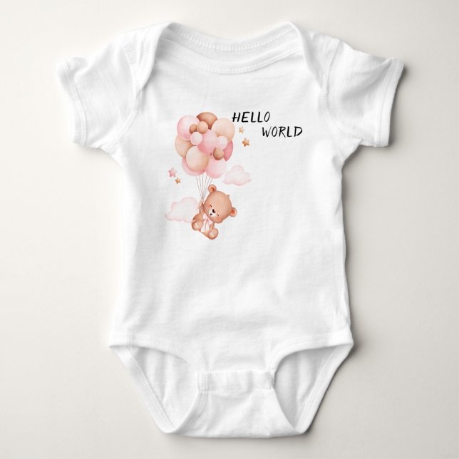 Hello World" Baby Bodysuit | Teddy Bear & Balloons (Front)
