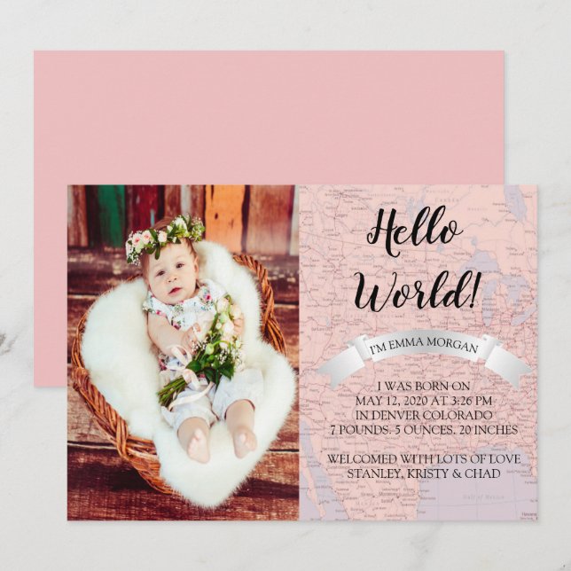 Hello World Baby Pink World Map Birth Announcement (Front/Back)