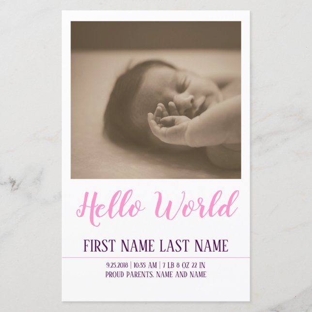 Hello World - birth announcement with photo (Front)