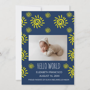 Hello World Boho Sun Birth Blue Baby Announcement
