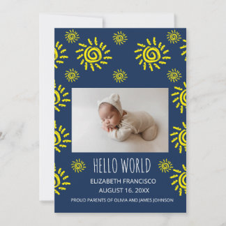 Hello World Boho Sun Birth Blue Baby Announcement