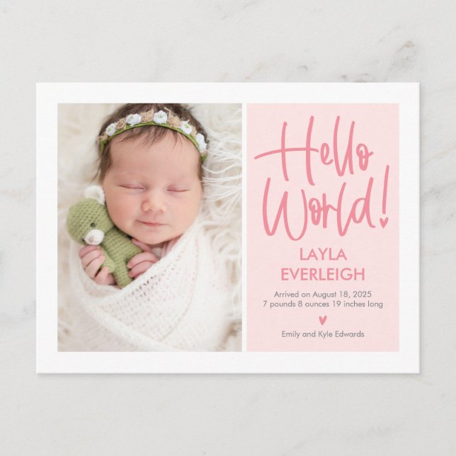 Hello World Editable Colour Announcement Postcard (Front)