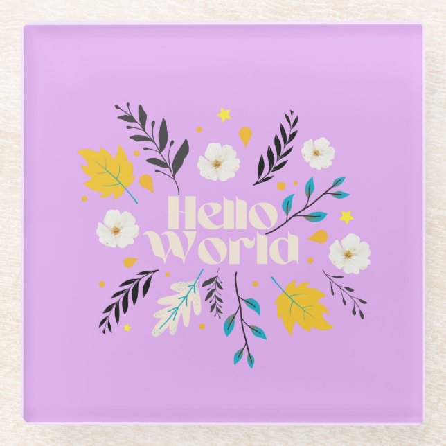 Hello World Floral Throw Pillow Glass Coaster (Front)
