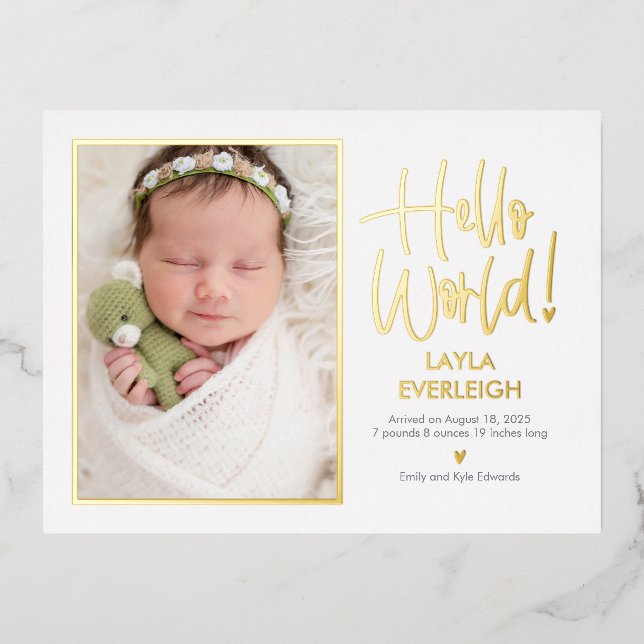 Hello World Foil Birth Announcement Postcard (Front)