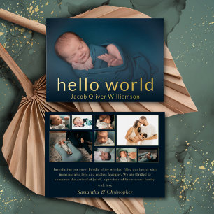 Hello World Gold Photo Collage Baby Announcement