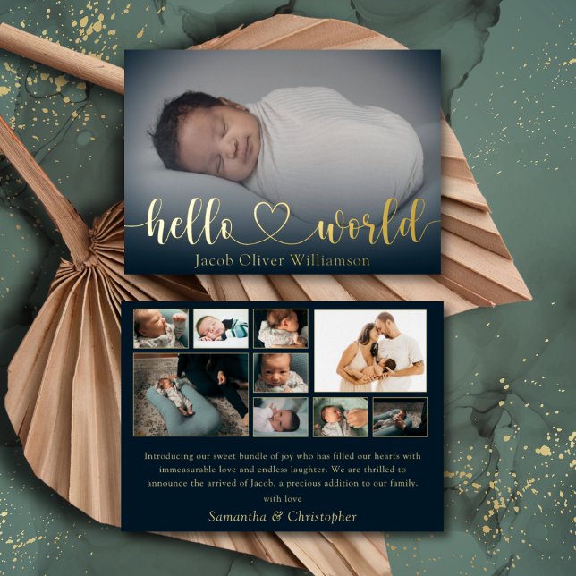 Hello World Gold  Photo Collage Baby Announcement (Creator Uploaded)