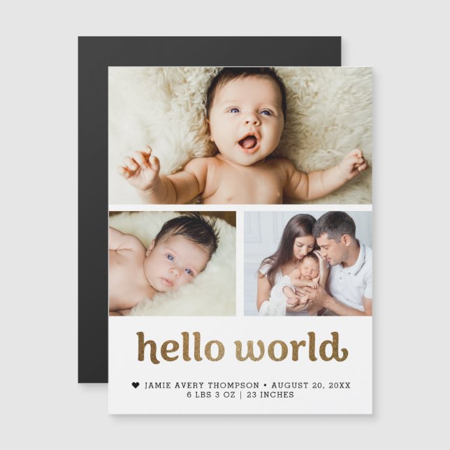 Hello World Gold text Photo Birth Announcement  (Front/Back)
