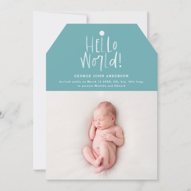 Hello world hand written modern photo birth announcement (Front)
