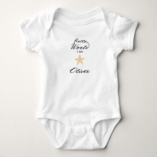Hello World I am..., Personalized Names Baby Bodie Bodysuit (Front)