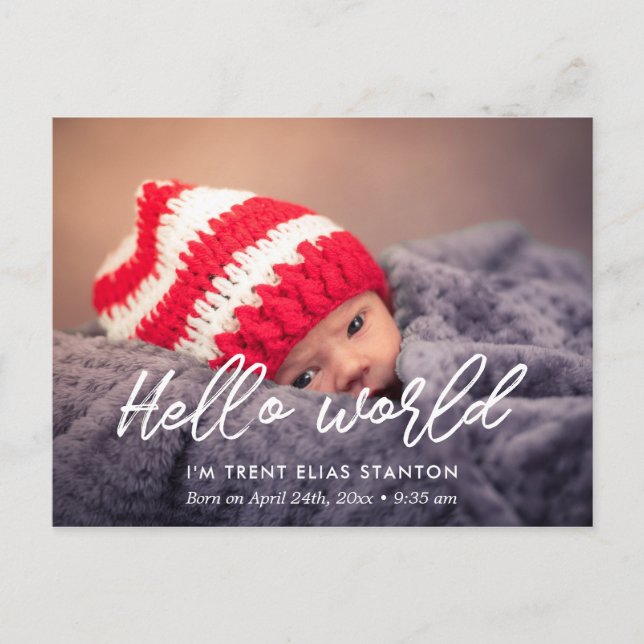 Hello world Modern birth announcement photo Postcard (Front)