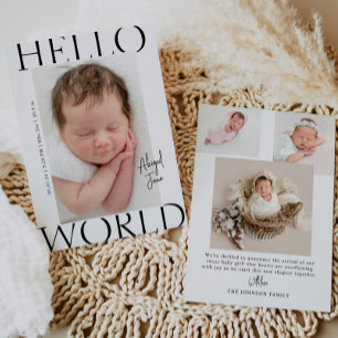 Hello World   Modern Minimalist Baby Photo Birth Announcement