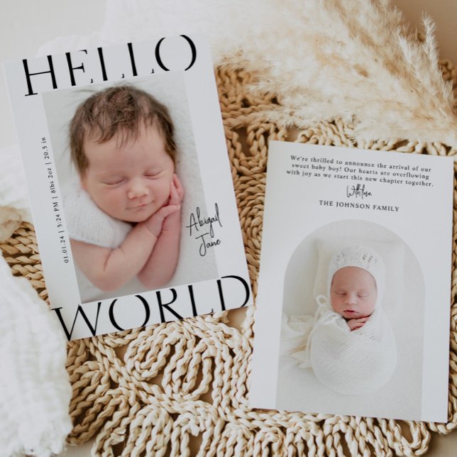 Hello World | Modern Minimalist Baby Photo Birth Announcement (Creator Uploaded)
