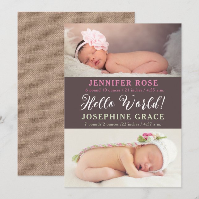 Hello World! Modern Photo Twins Birth Announcement (Front/Back)
