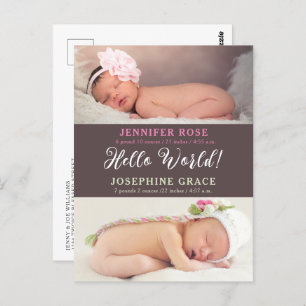 Hello World! Modern Photo Twins Birth Announcement Postcard