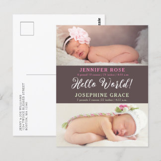 Hello World! Modern Photo Twins Birth Announcement Postcard