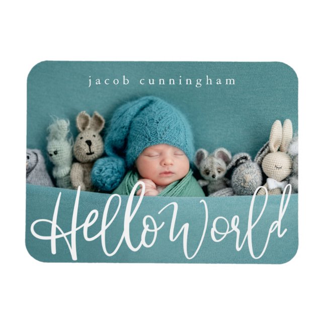 Hello World! Modern Playful Script Baby Birth Magnet (Horizontal)