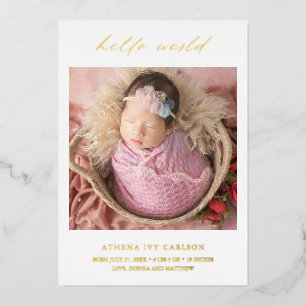 Hello World Photo Elegant Foil Birth Announcement