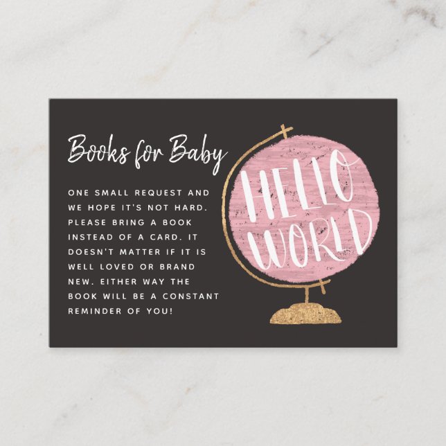 Hello World Pink Globe Books for Baby Shower Enclosure Card (Front)