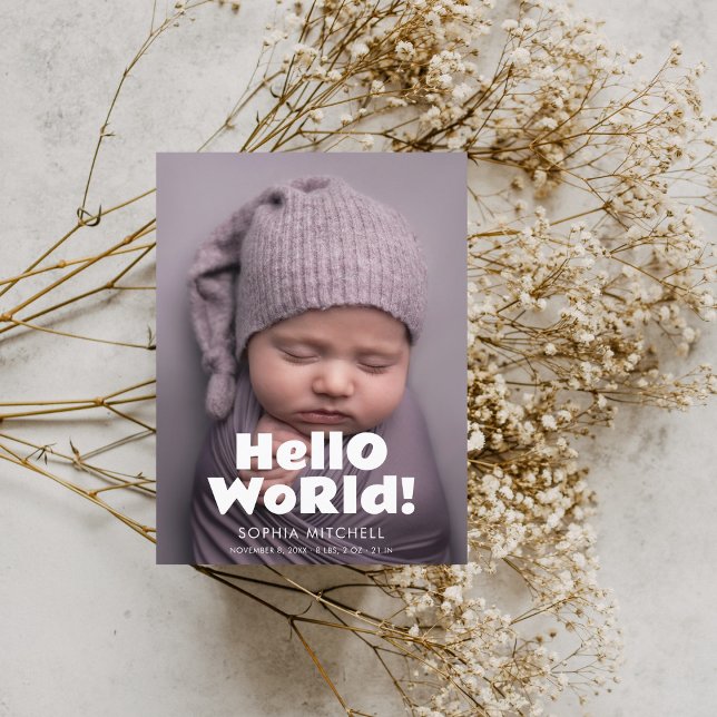 Hello World Playful Bold Photo Birth Announcement Postcard (Creator Uploaded)