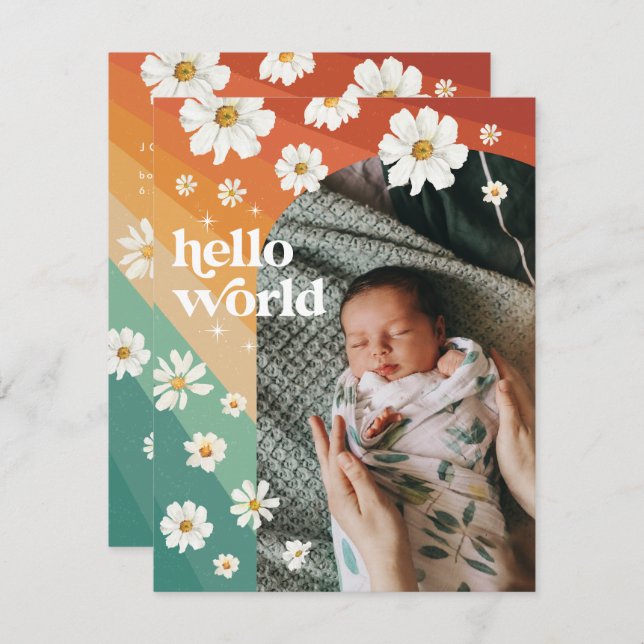 Hello World | Retro Boho Birth Announcement (Front/Back)