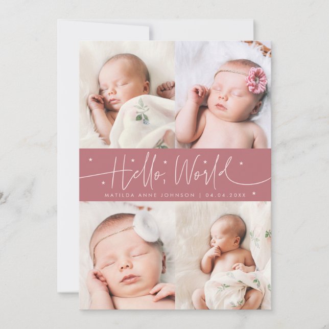 Hello World Script Pink Multi Photo Birth Announcement (Front)