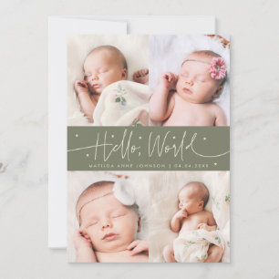 Hello World Script Sage Green Multi Photo Birth Announcement