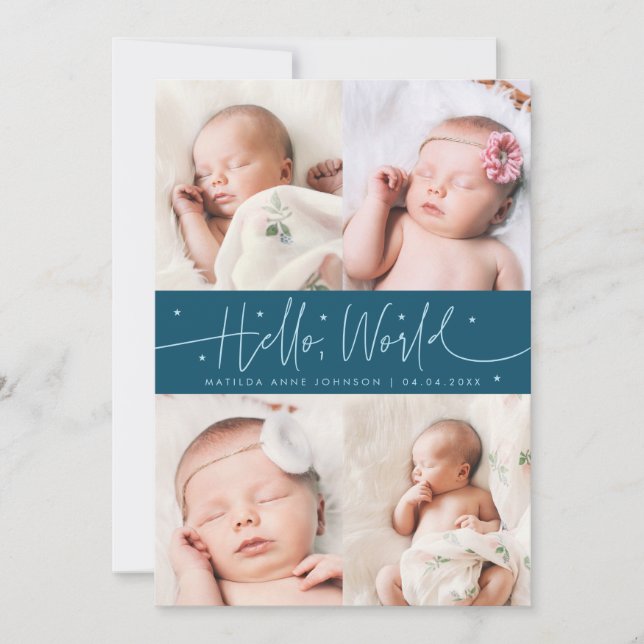 Hello World Script Teal Multi Photo Birth Announcement (Front)