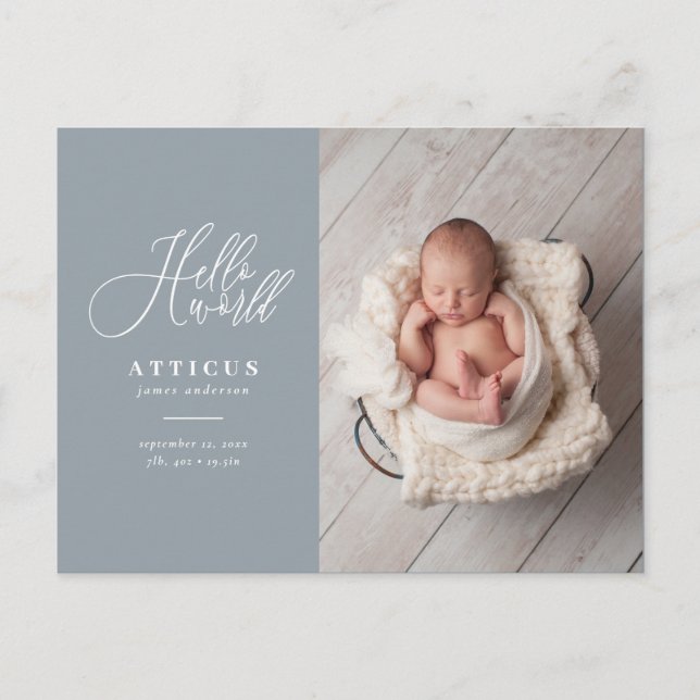 Hello world script text photo birth announcement (Front)